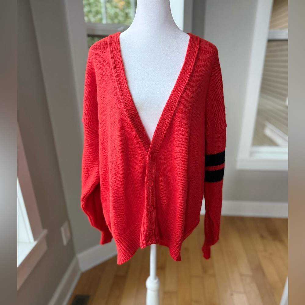 Vintage Lands’ End Red Orange Black Striped V Neck Wool Cardigan Sweater Sz M - Picture 8 of 8
